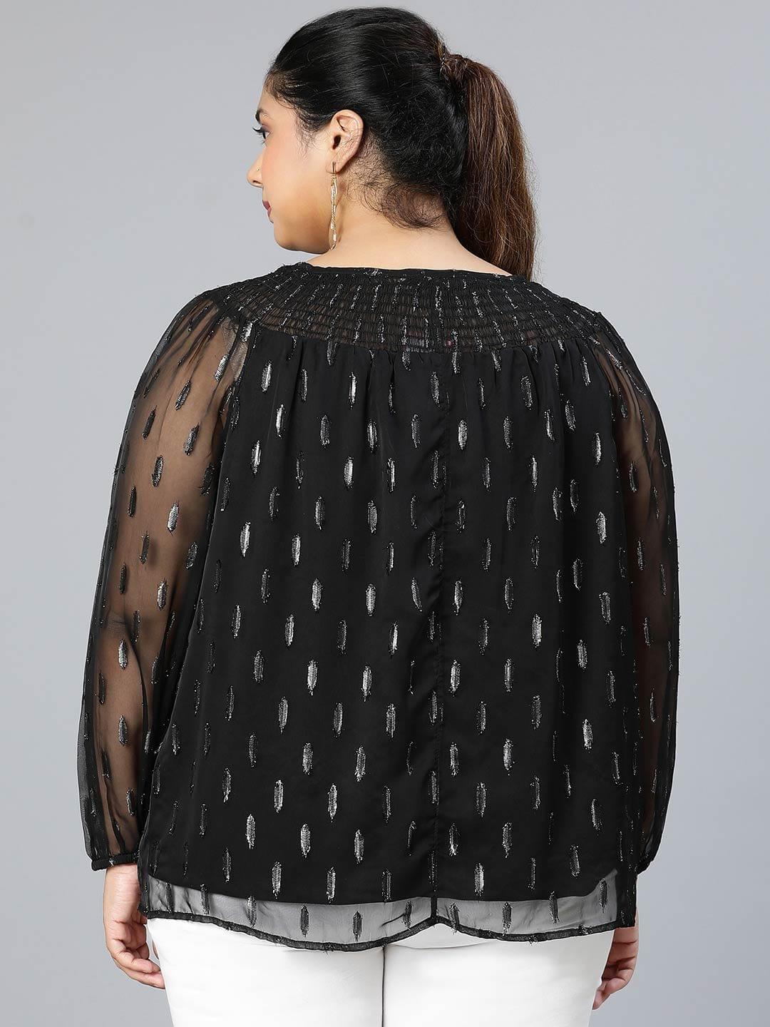 Winky Black Lurex Print Plus Size Party Wear Loopy Top - oxolloxo
