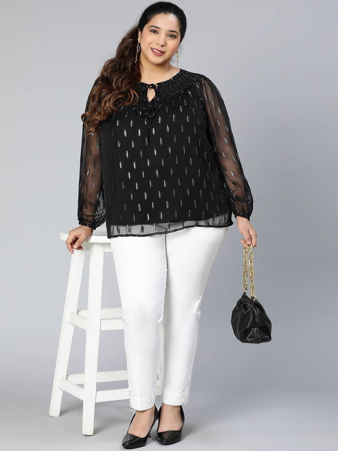Winky Black Lurex Print Plus Size Party Wear Loopy Top - oxolloxo