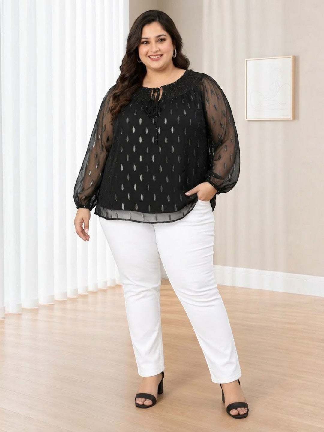 Plus Size Black Lurex Print Top