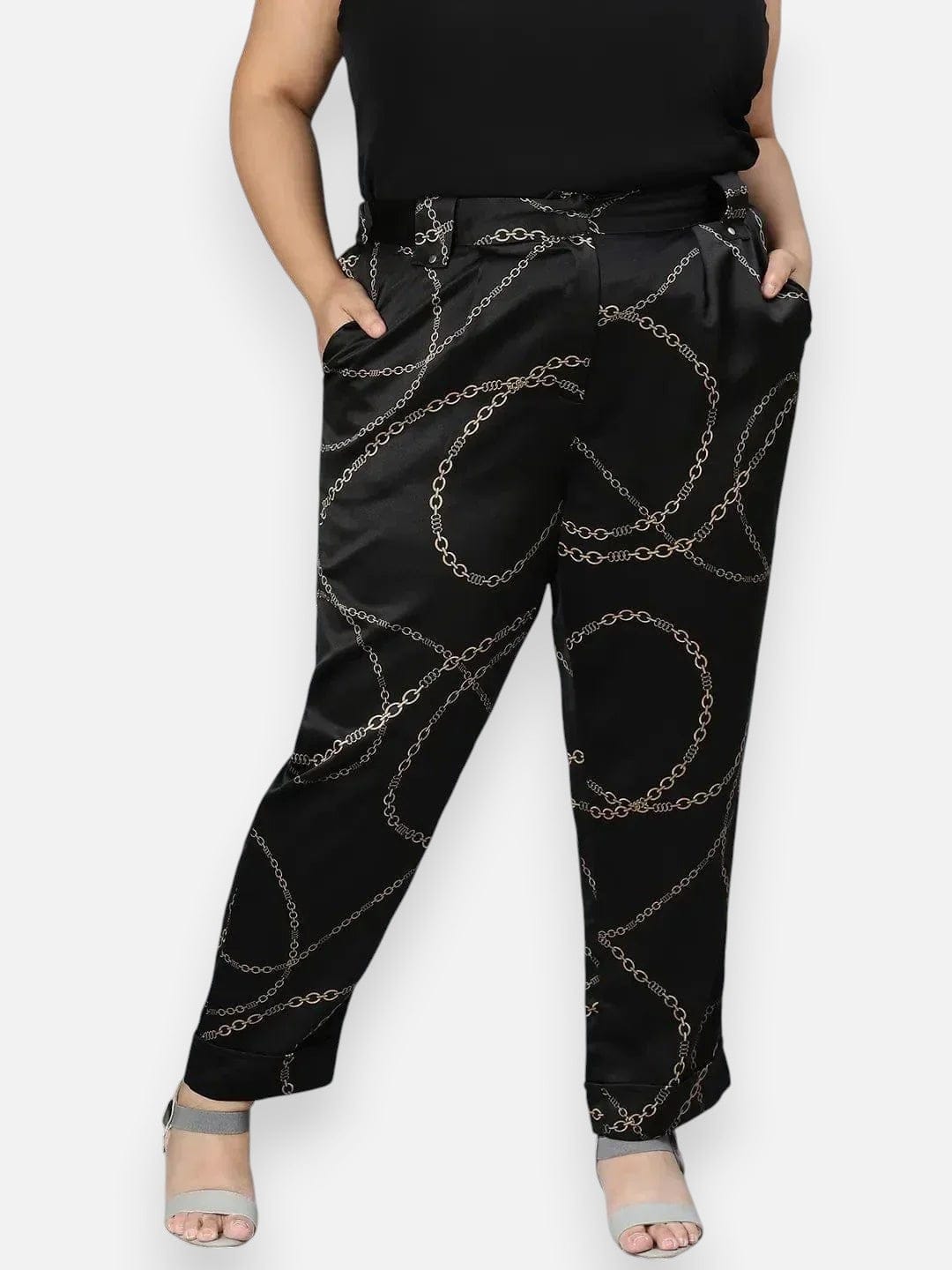 Plus Size Black Printed Polyester Pant