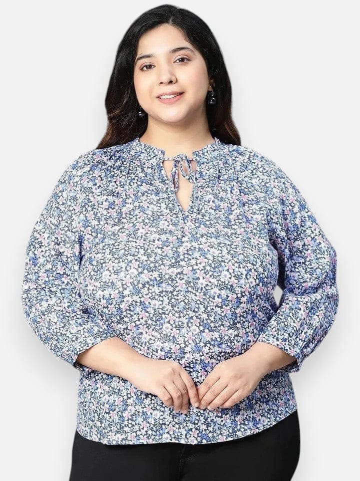Plus Size Blue Floral Print Cotton Top