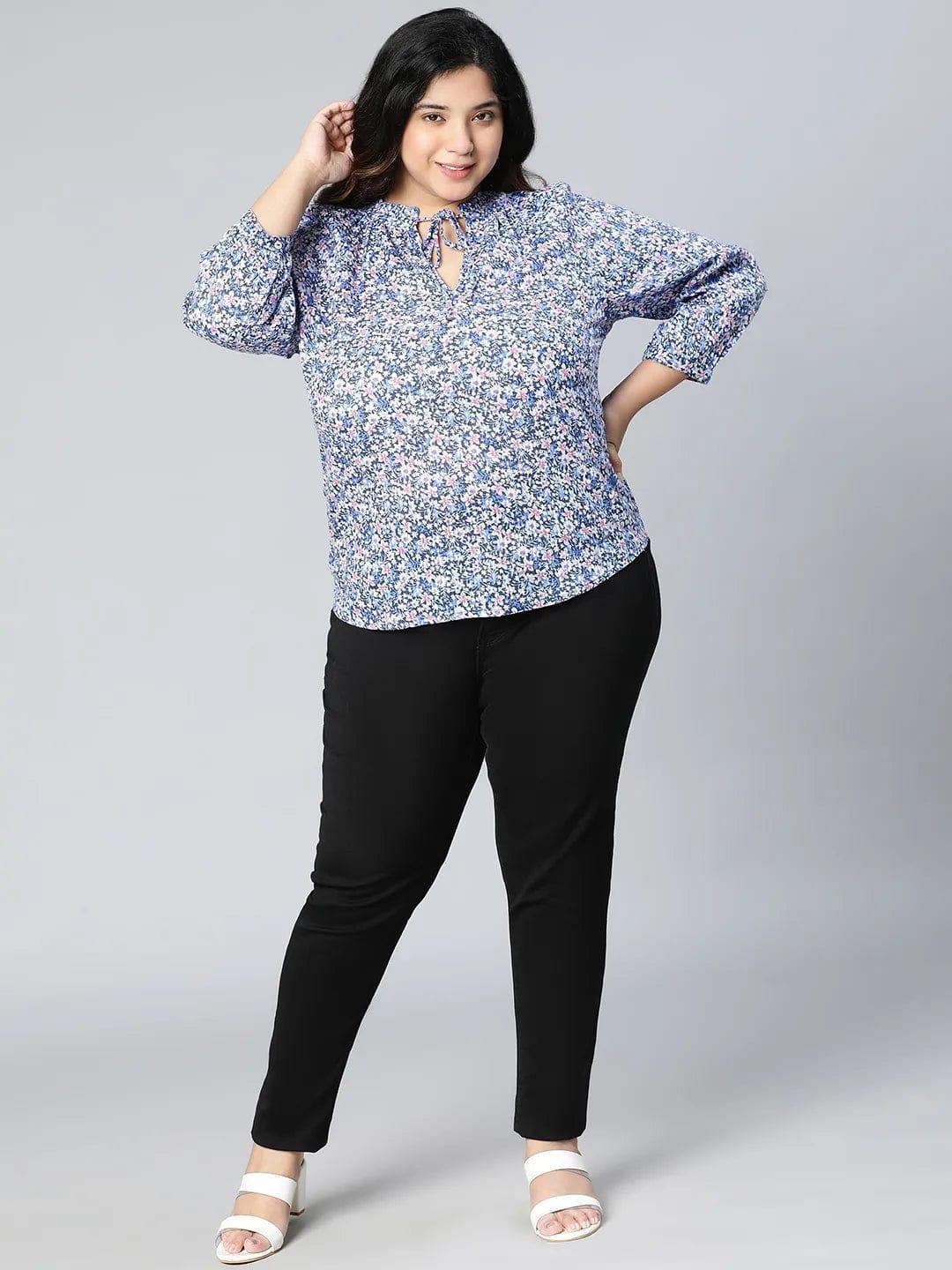 Plus Size Blue Floral Print Cotton Top