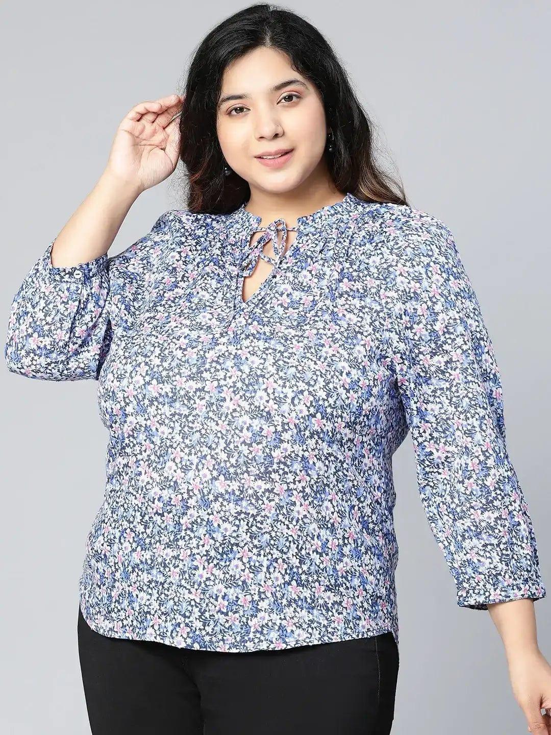 Plus Size Blue Floral Print Cotton Top