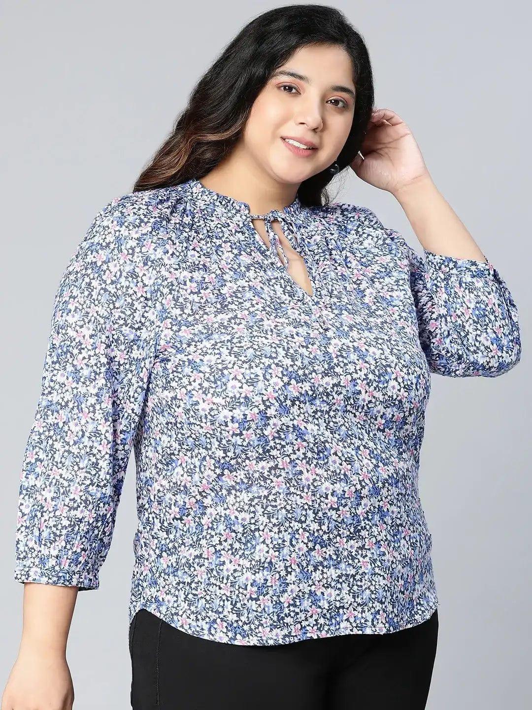 Plus Size Blue Floral Print Cotton Top