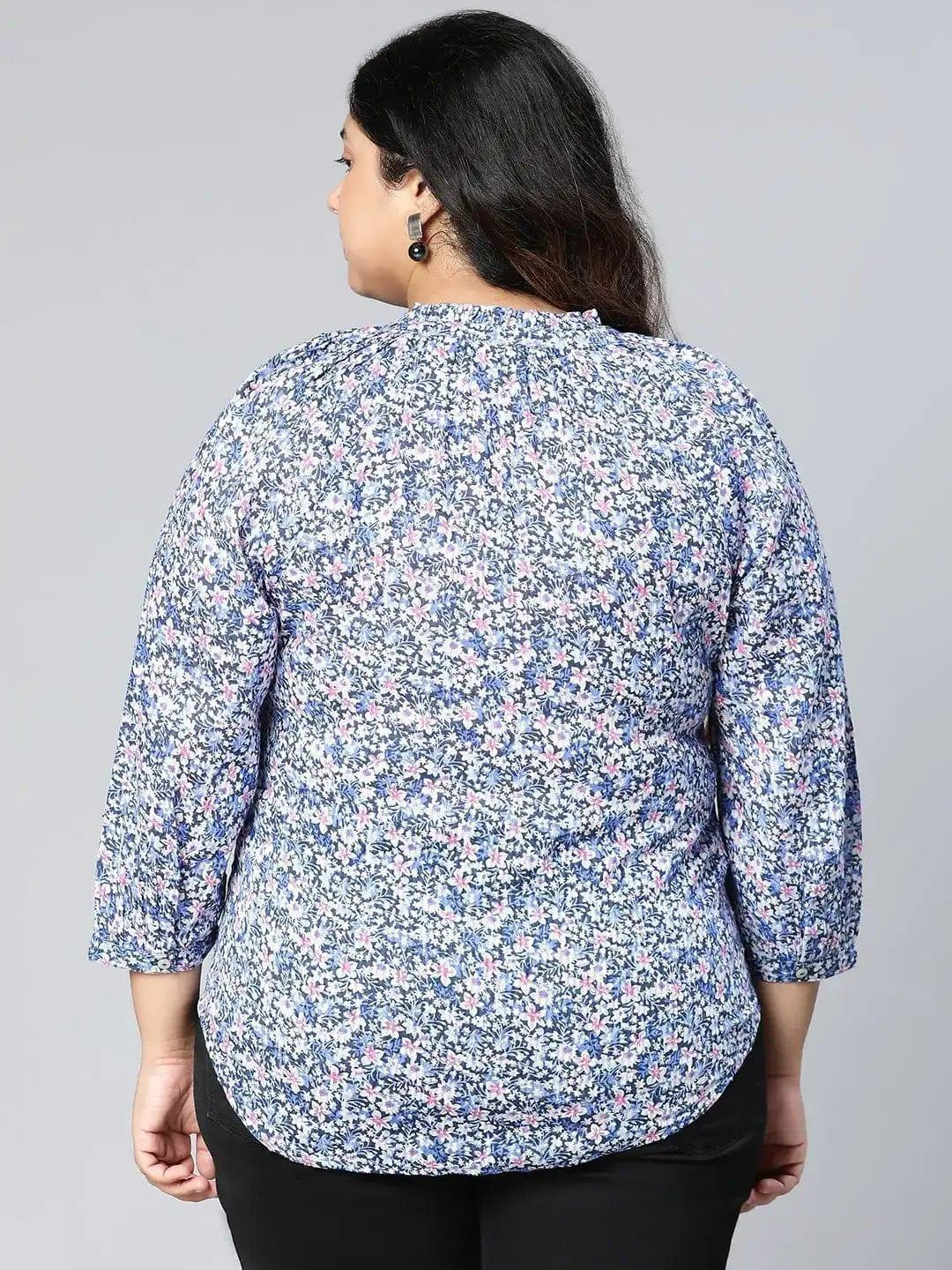 Plus Size Blue Floral Print Cotton Top