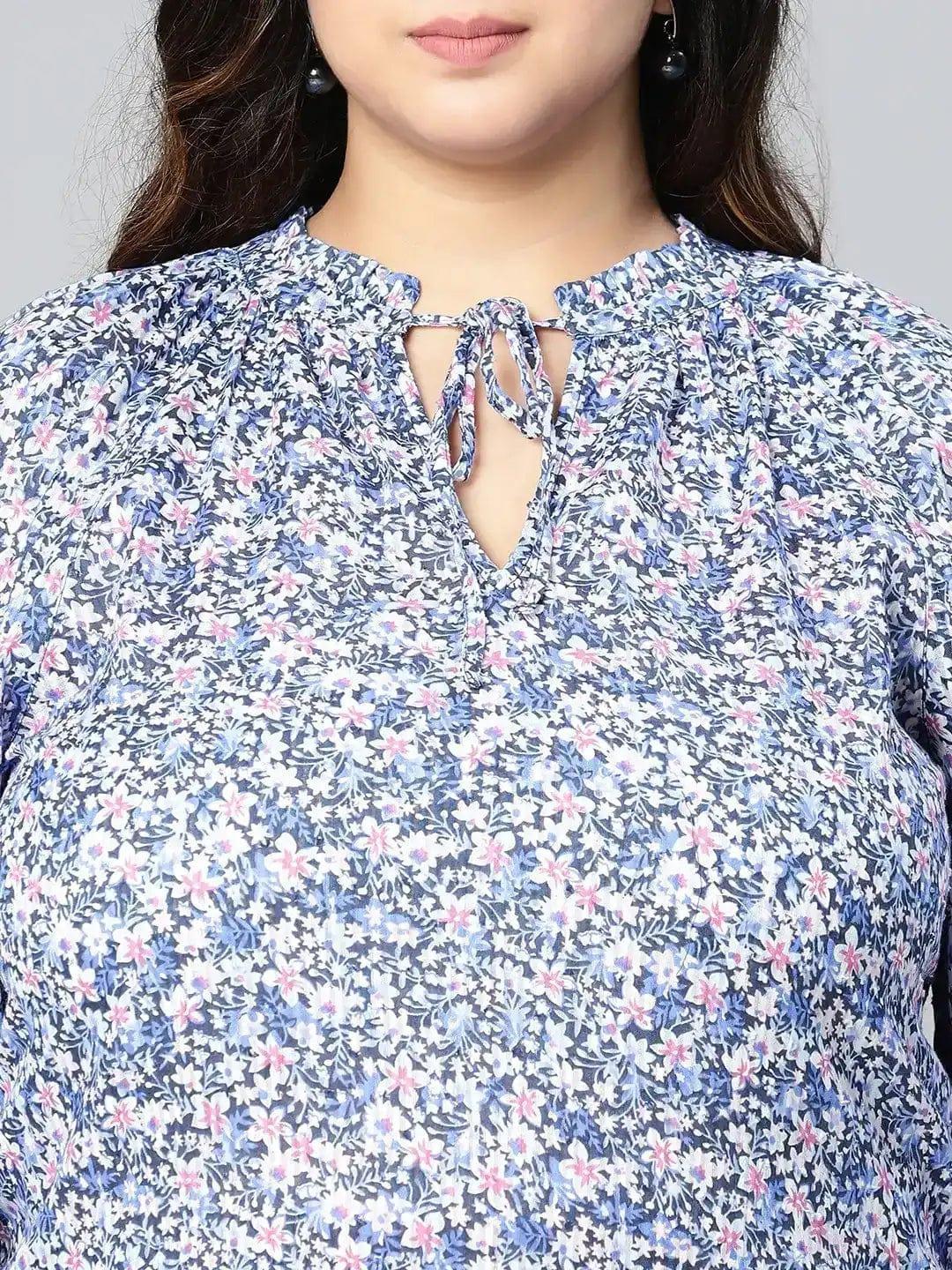 Plus Size Blue Floral Print Cotton Top