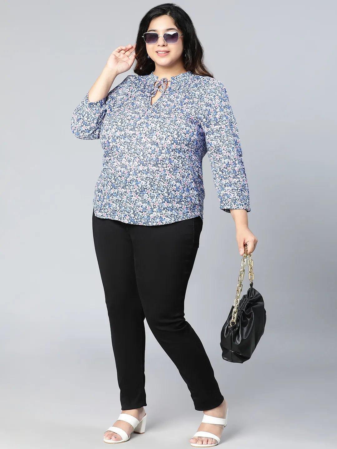 Plus Size Blue Floral Print Cotton Top