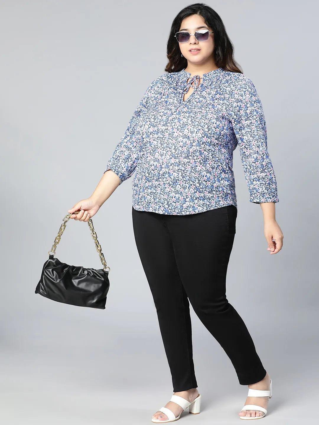 Plus Size Blue Floral Print Cotton Top