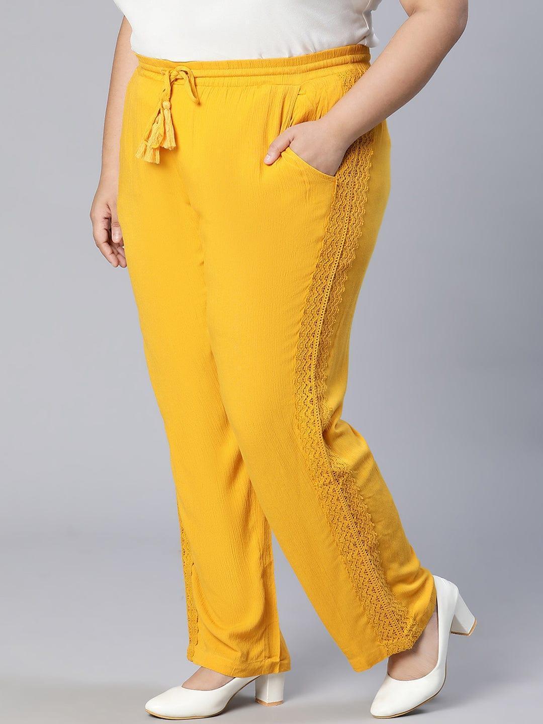 Season Yellow Tie-knotted Laced Women Plus Size Pant - oxolloxo