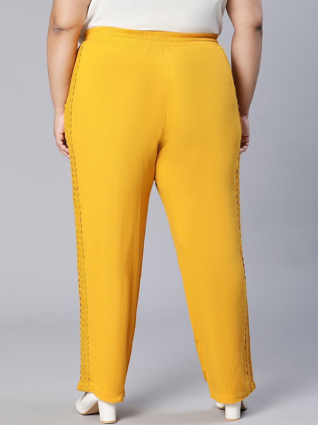 Season Yellow Tie-knotted Laced Women Plus Size Pant - oxolloxo
