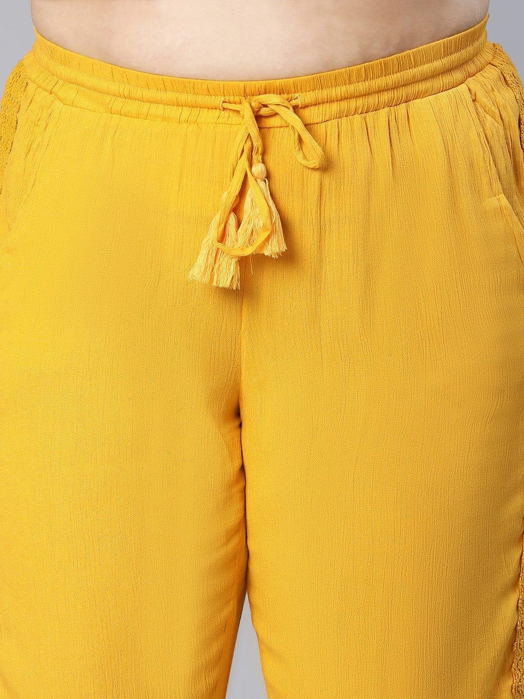 Season Yellow Tie-knotted Laced Women Plus Size Pant - oxolloxo