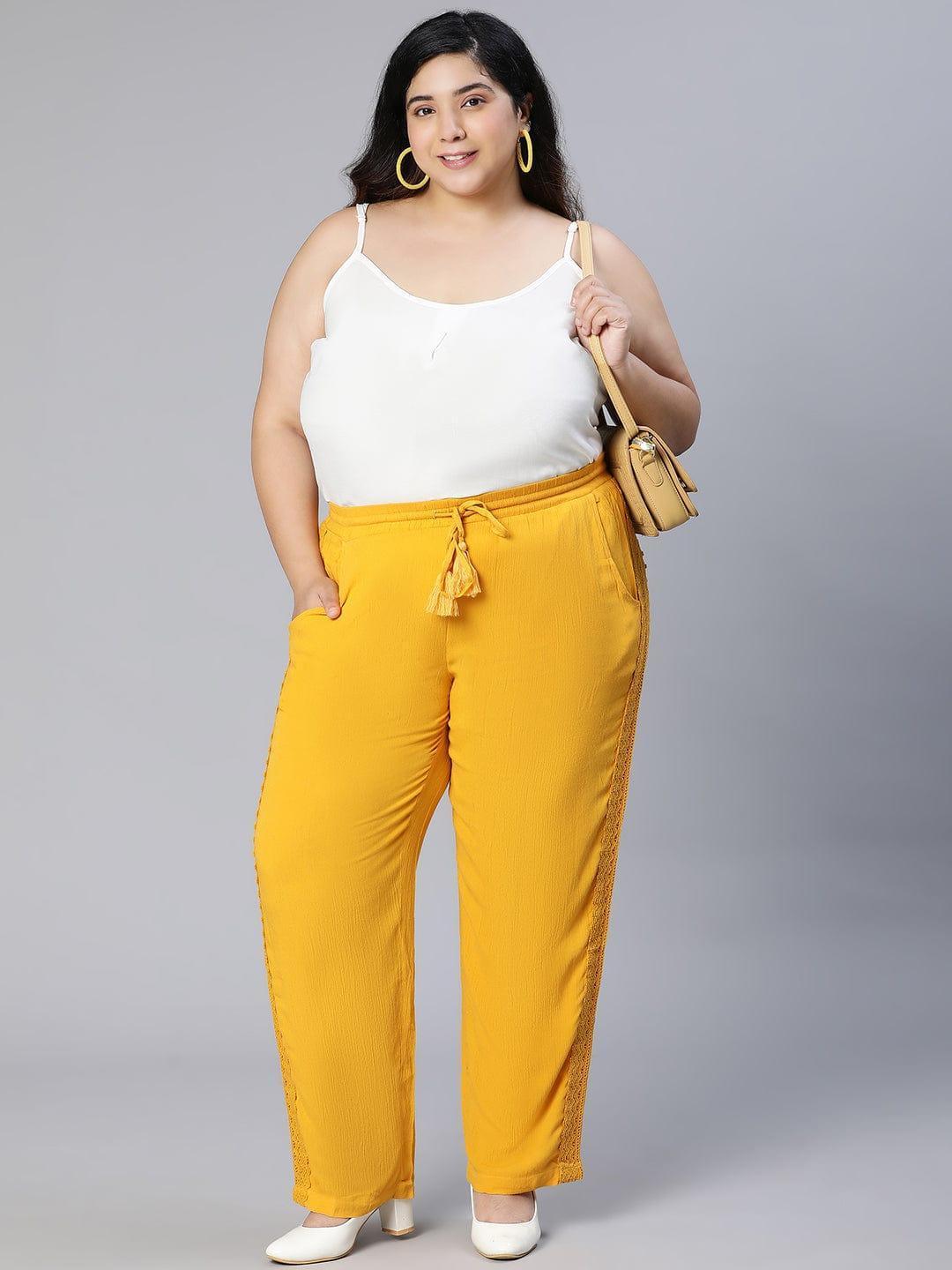Season Yellow Tie-knotted Laced Women Plus Size Pant - oxolloxo