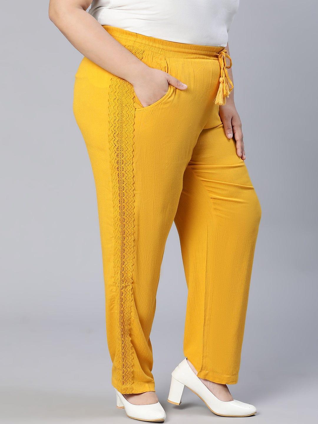 Season Yellow Tie-knotted Laced Women Plus Size Pant - oxolloxo