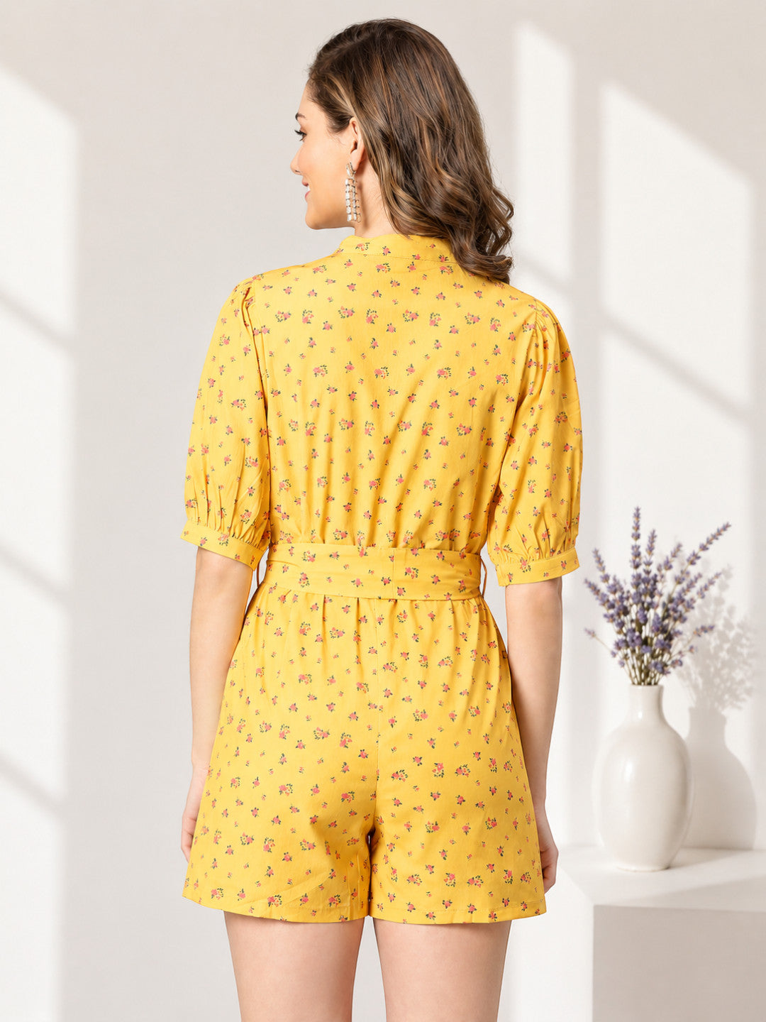 Yellow floral print romper with puff sleeves and waist tie, back view for women's fashion