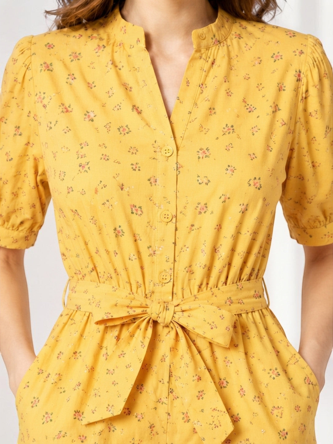 Yellow floral print women's dress with button front and tie waist, plus size fashion