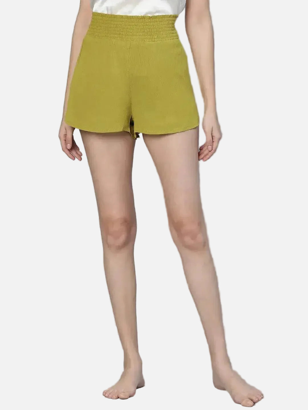 Tangle Olive Color Elasticated High Waist Women Nightwear Shorts - oxolloxo