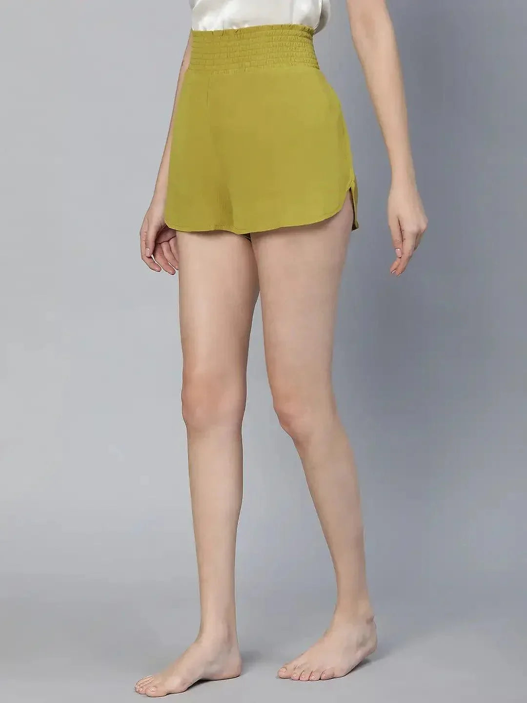 Tangle Olive Color Elasticated High Waist Women Nightwear Shorts - oxolloxo
