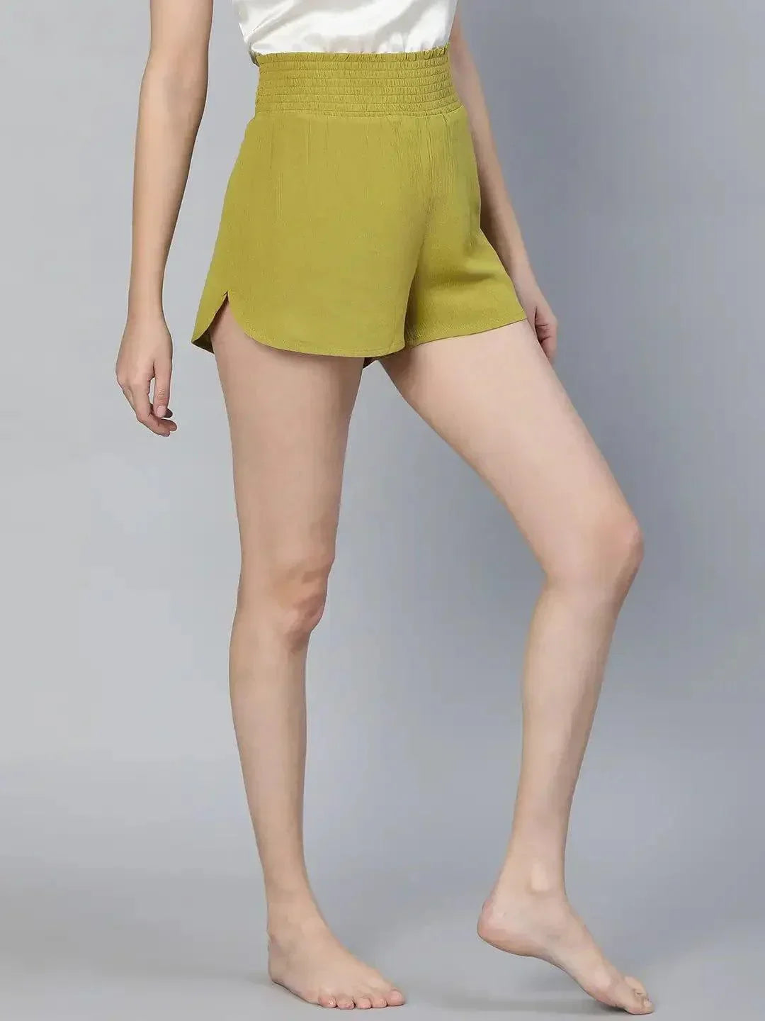 Tangle Olive Color Elasticated High Waist Women Nightwear Shorts - oxolloxo