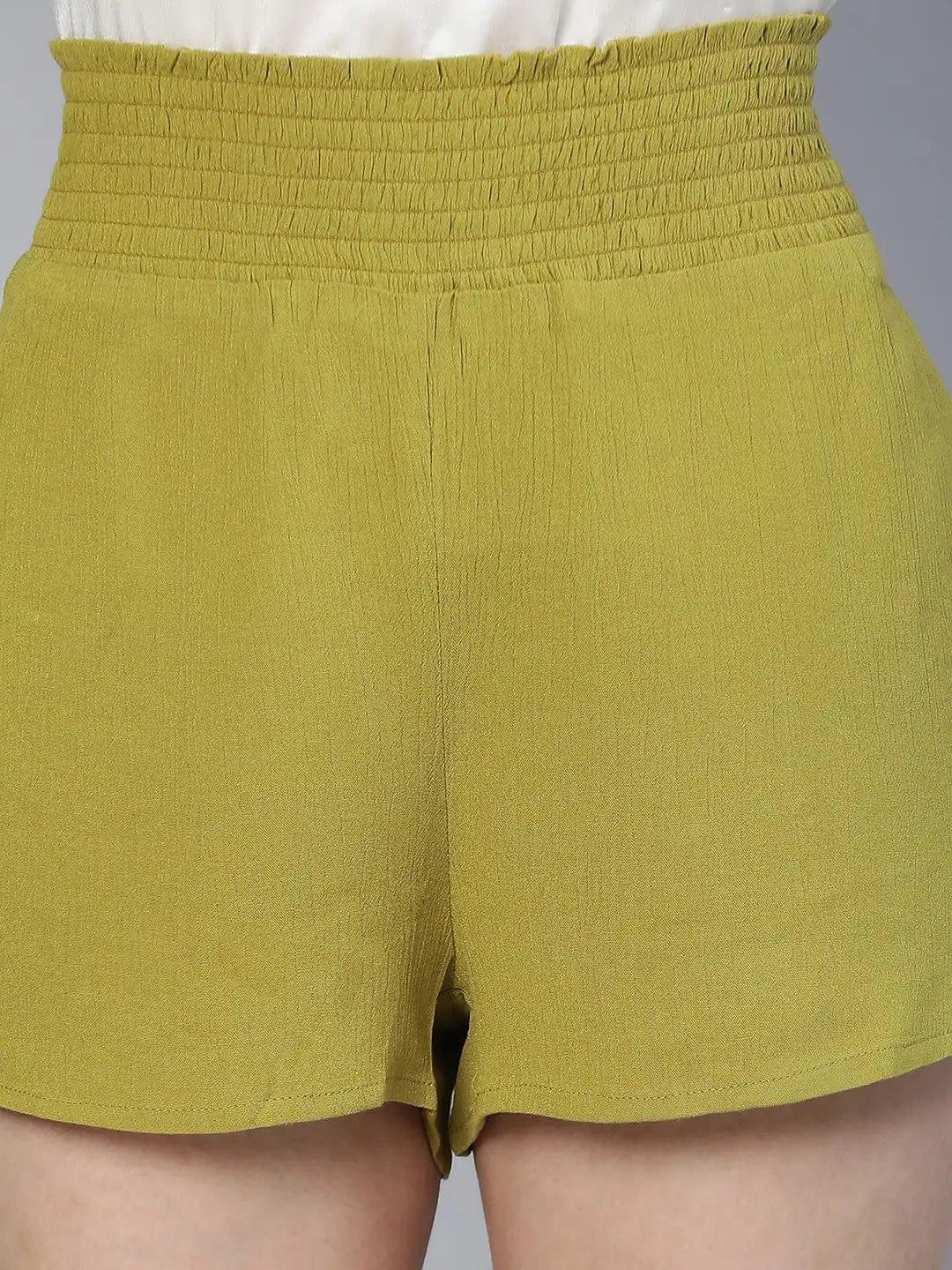 Tangle Olive Color Elasticated High Waist Women Nightwear Shorts - oxolloxo