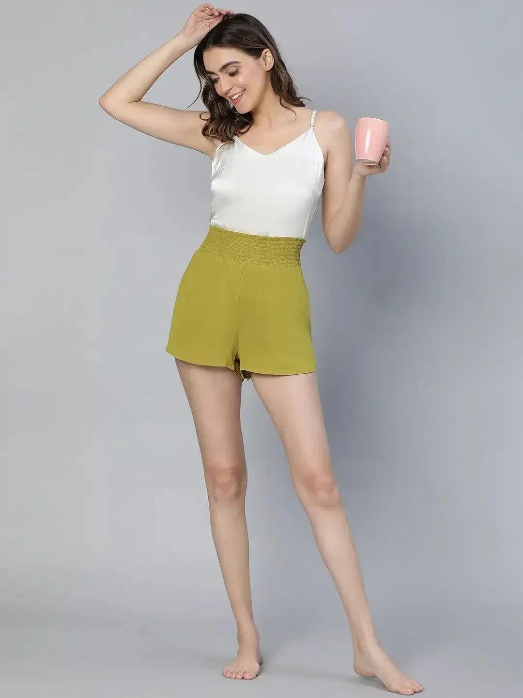 Tangle Olive Color Elasticated High Waist Women Nightwear Shorts - oxolloxo
