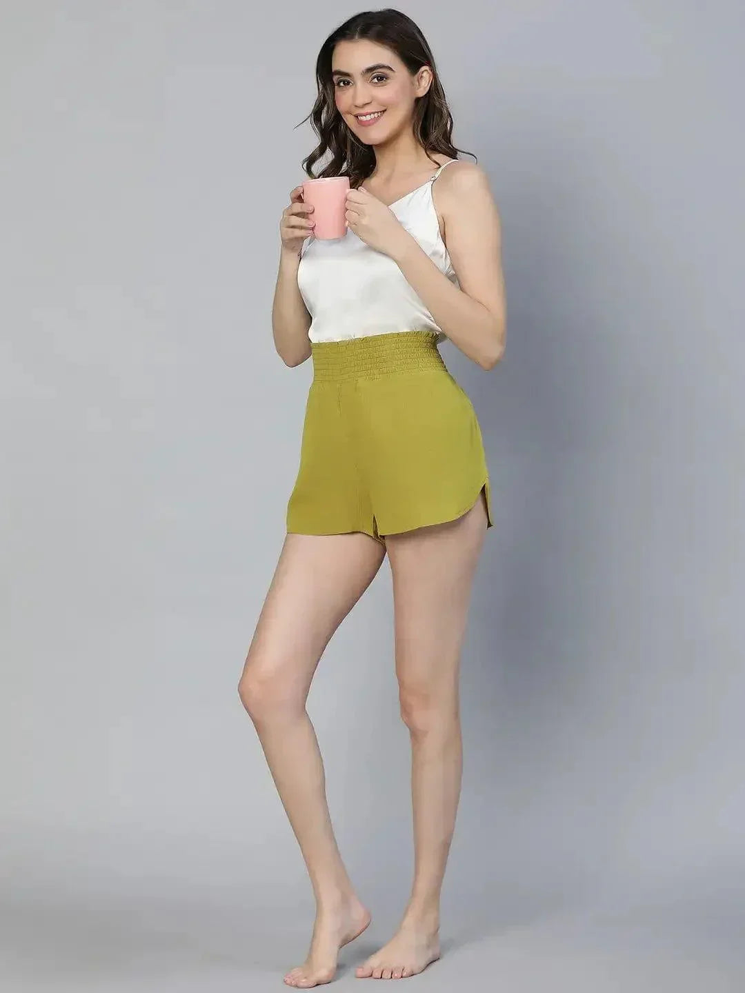 Tangle Olive Color Elasticated High Waist Women Nightwear Shorts - oxolloxo