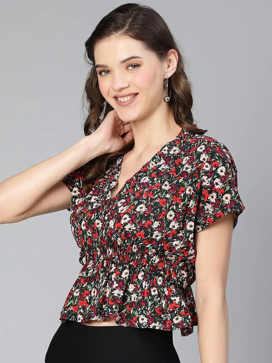 Women Multicolored Floral Print Elasticated Polyester Top - oxolloxo