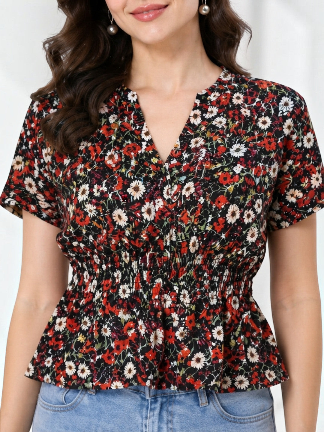 Floral print peplum top with V-neck and short sleeves, perfect for women's fashion