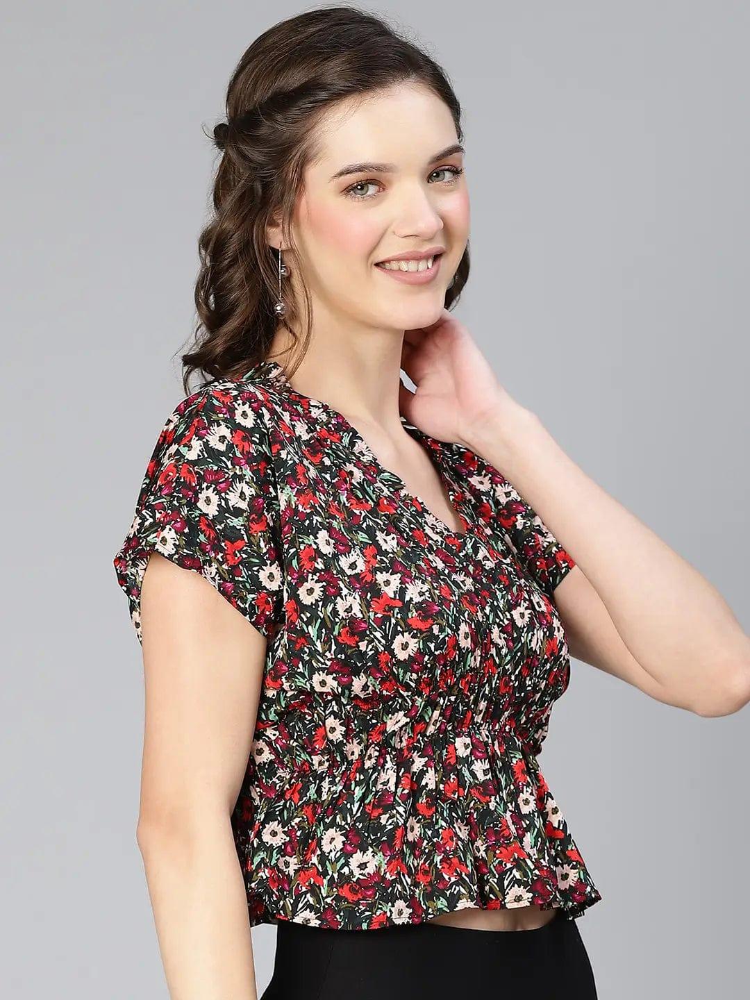 Women Multicolored Floral Print Elasticated Polyester Top - oxolloxo