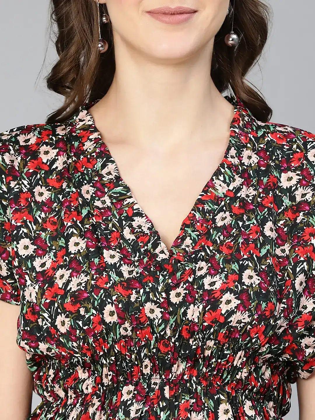 Women Multicolored Floral Print Elasticated Polyester Top - oxolloxo