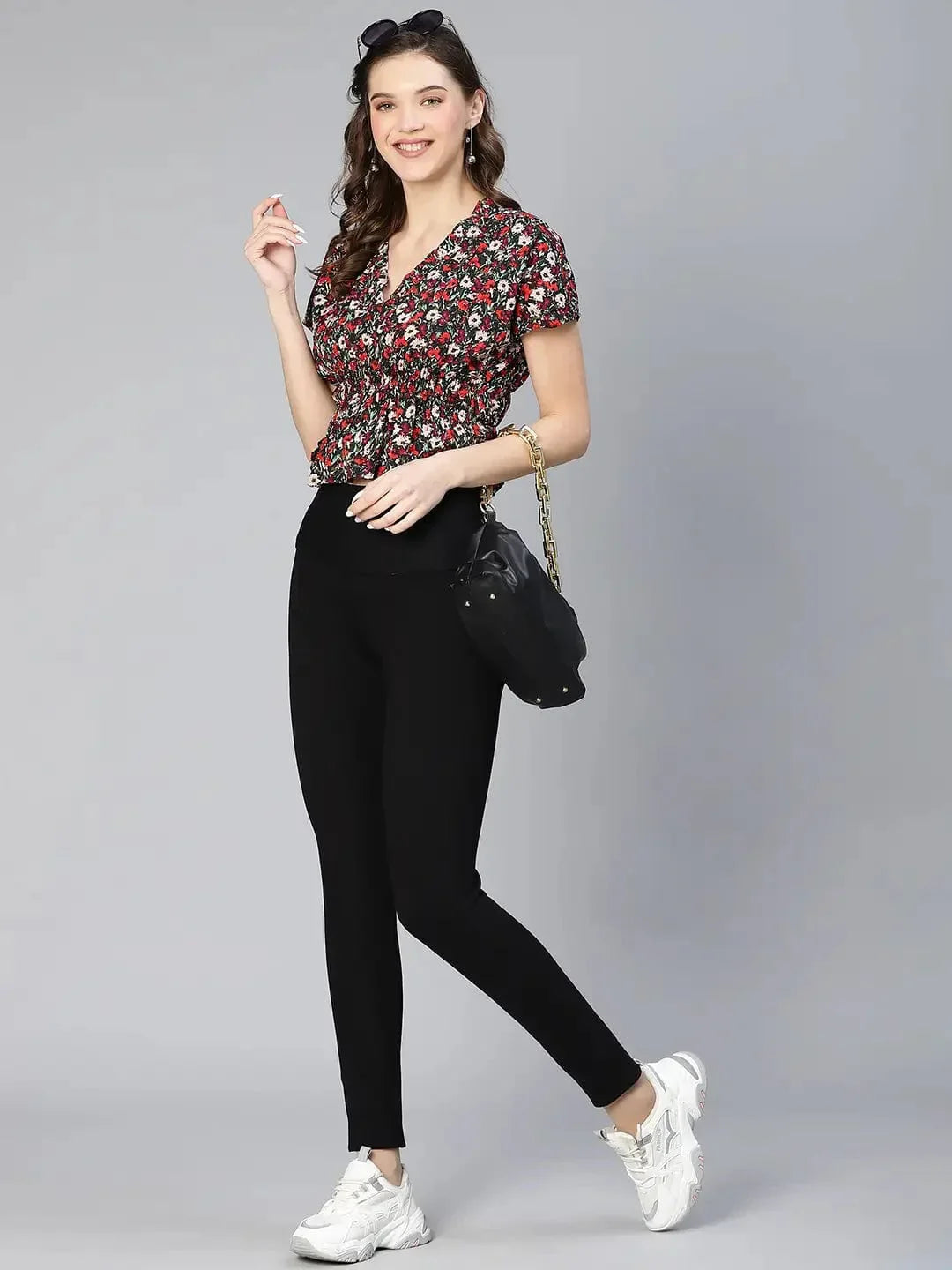 Women Multicolored Floral Print Elasticated Polyester Top - oxolloxo