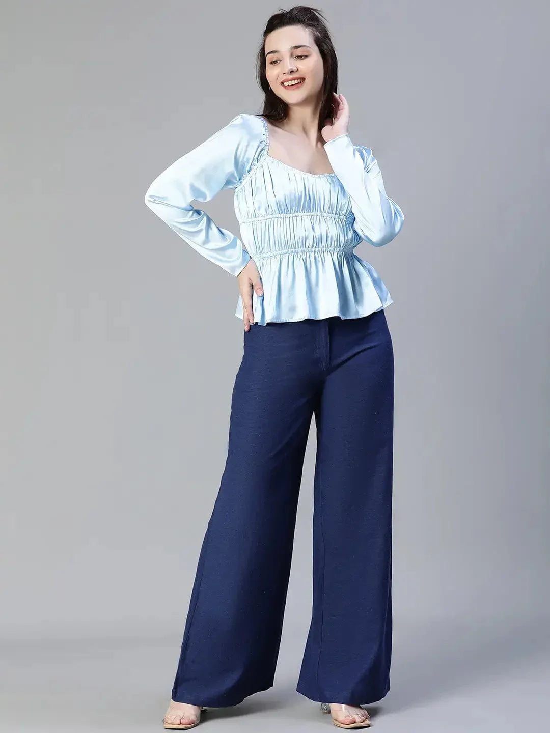 Women Soild Satin Blue Elasticated Round Neck Short Sleeve Top - oxolloxo