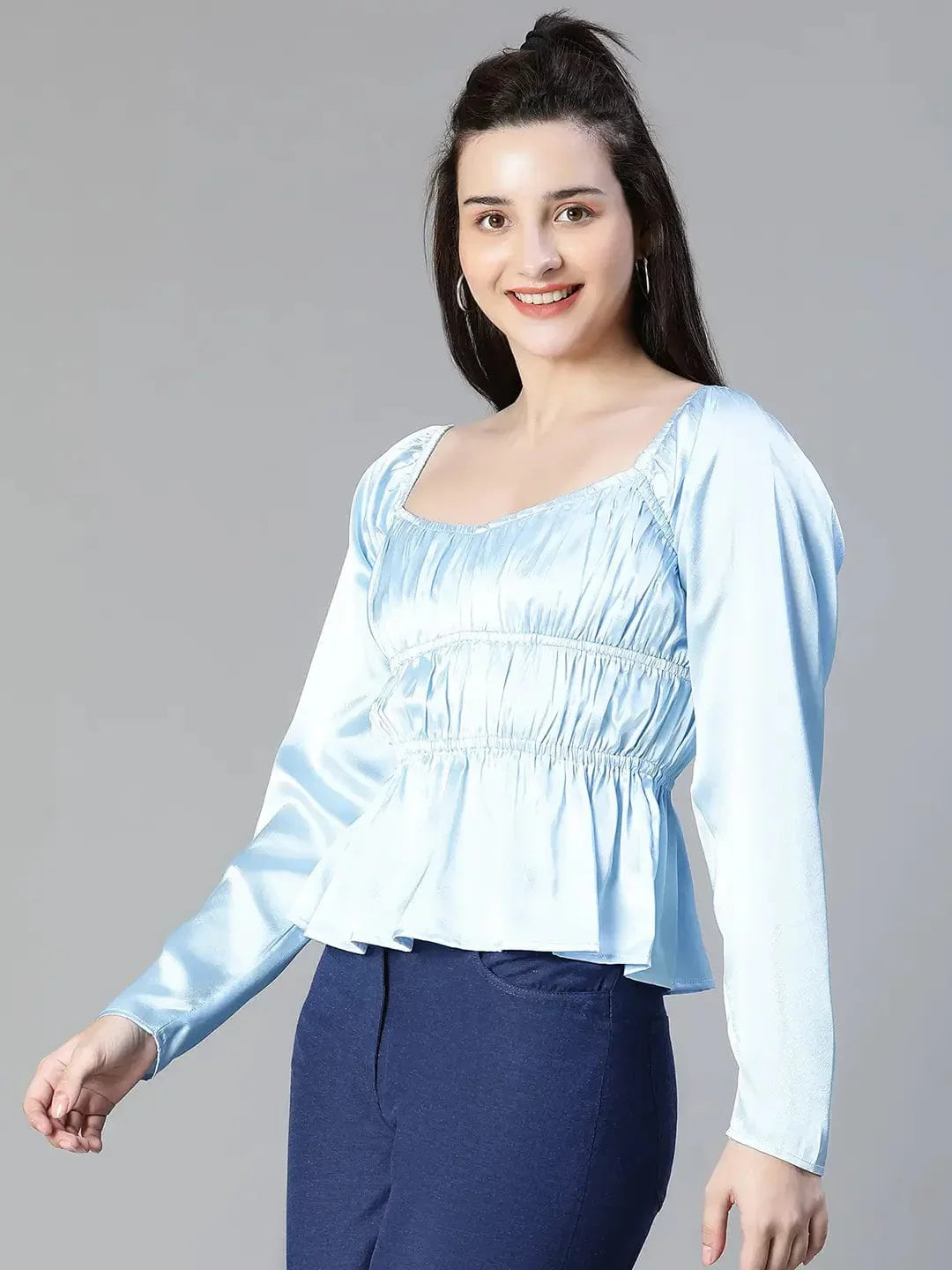 Women Soild Satin Blue Elasticated Round Neck Short Sleeve Top - oxolloxo