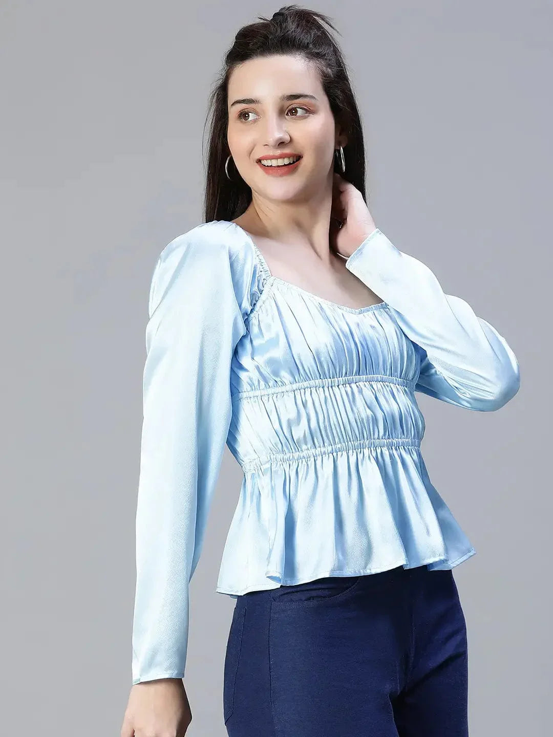 Women Soild Satin Blue Elasticated Round Neck Short Sleeve Top - oxolloxo