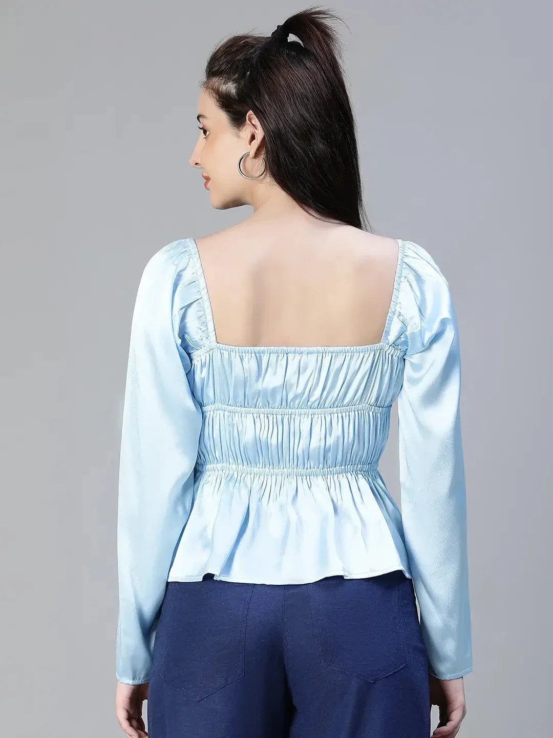 Women Soild Satin Blue Elasticated Round Neck Short Sleeve Top - oxolloxo