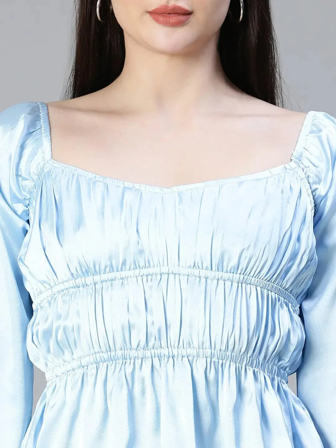 Women Soild Satin Blue Elasticated Round Neck Short Sleeve Top - oxolloxo