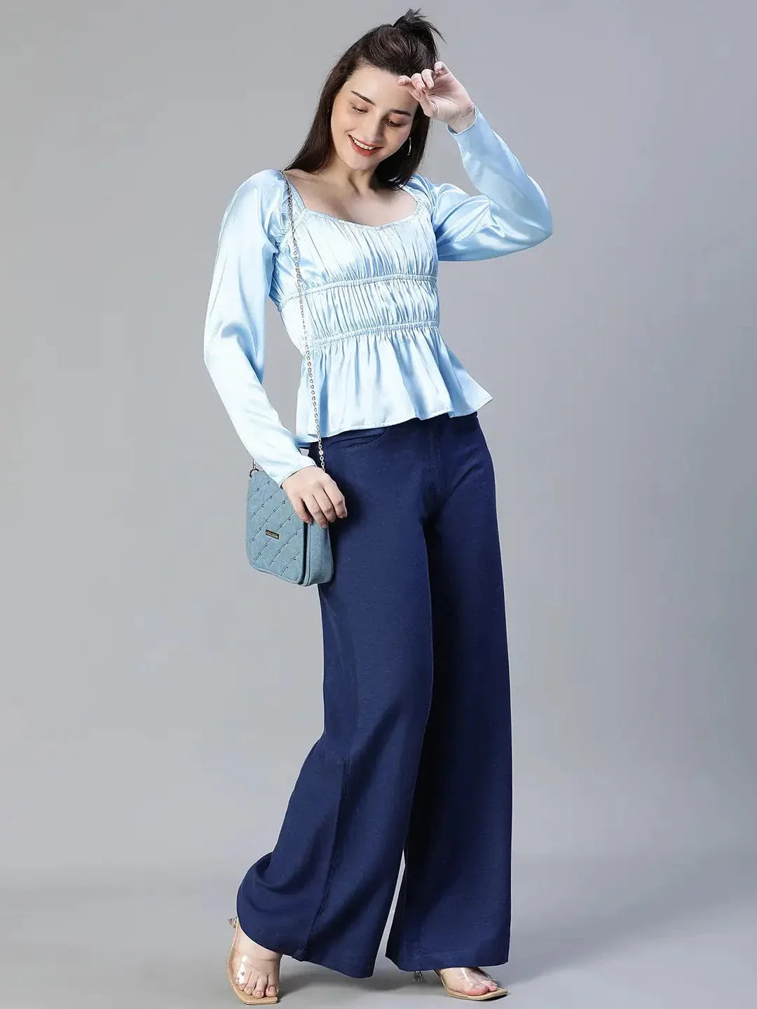 Women Soild Satin Blue Elasticated Round Neck Short Sleeve Top - oxolloxo