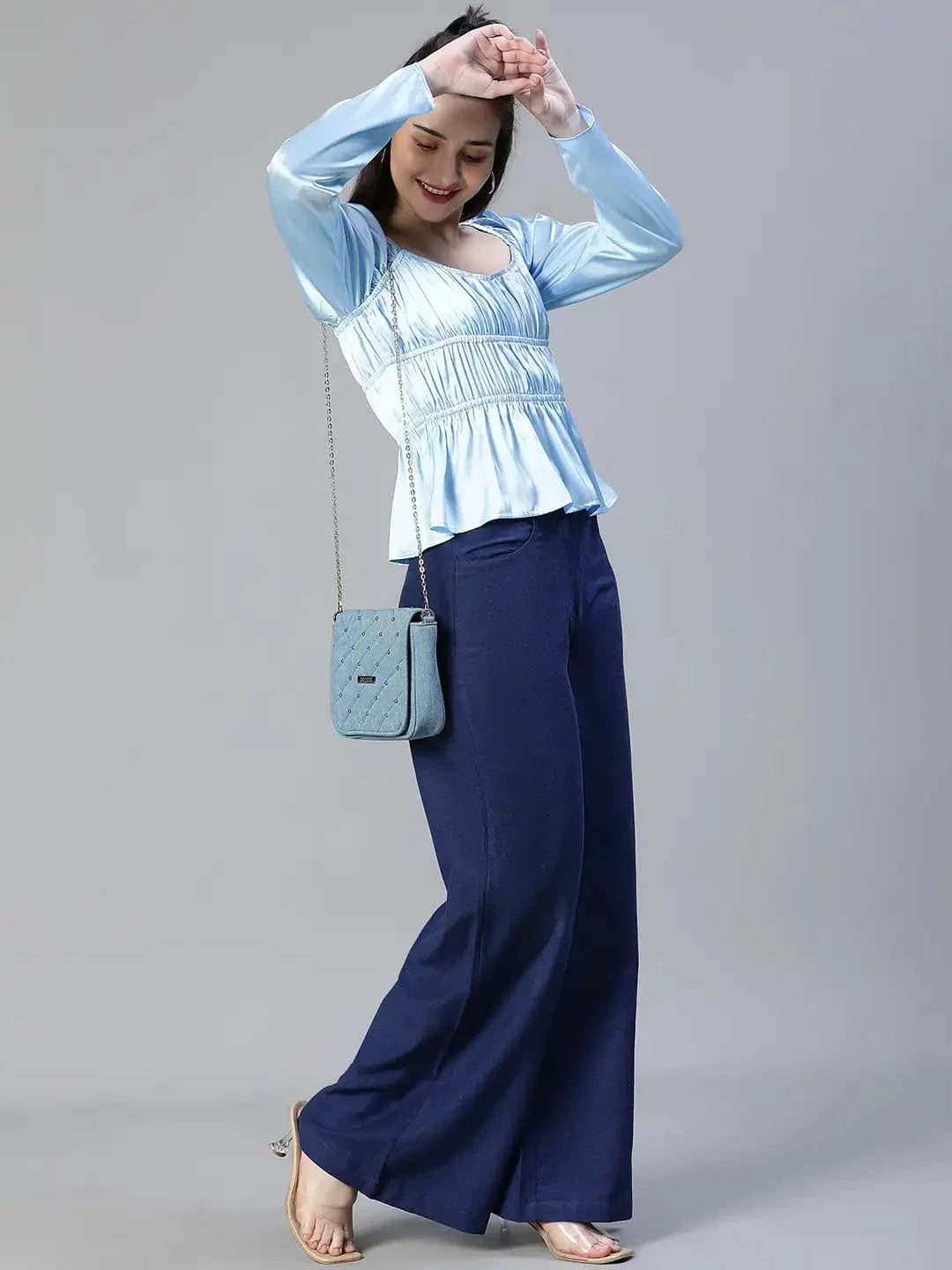 Women Soild Satin Blue Elasticated Round Neck Short Sleeve Top - oxolloxo