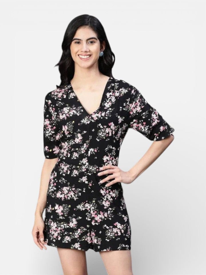 Women's Black Floral Print Playsuit