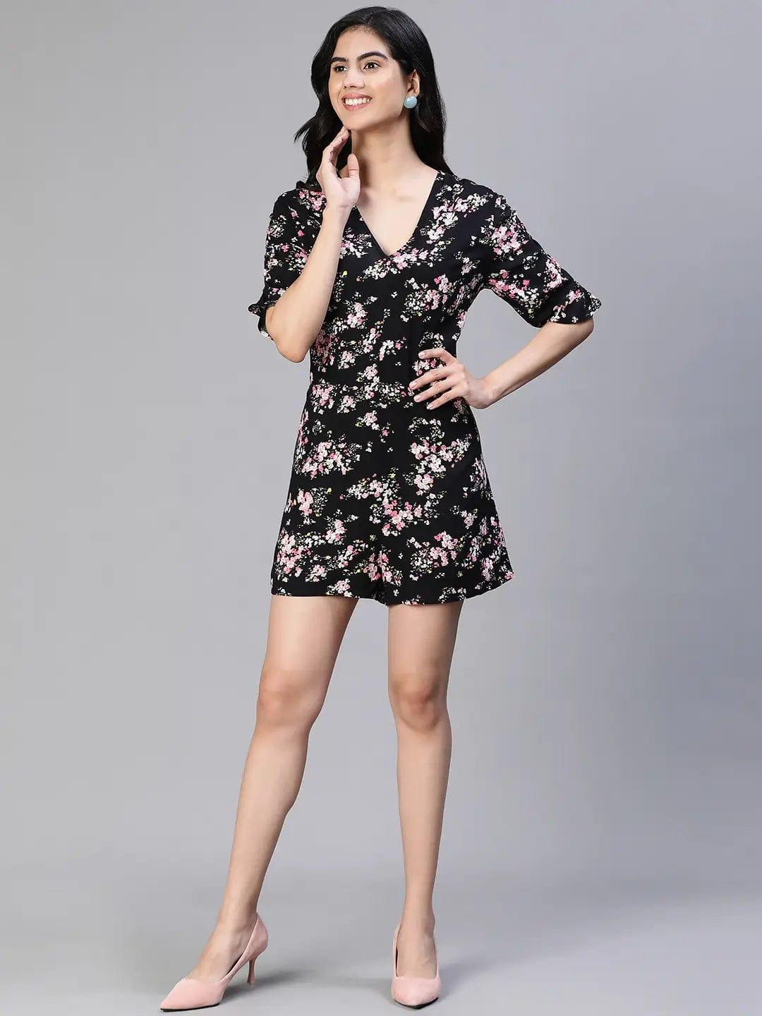 Slaying Black Floral Print V-Neck Women Playsuit - oxolloxo