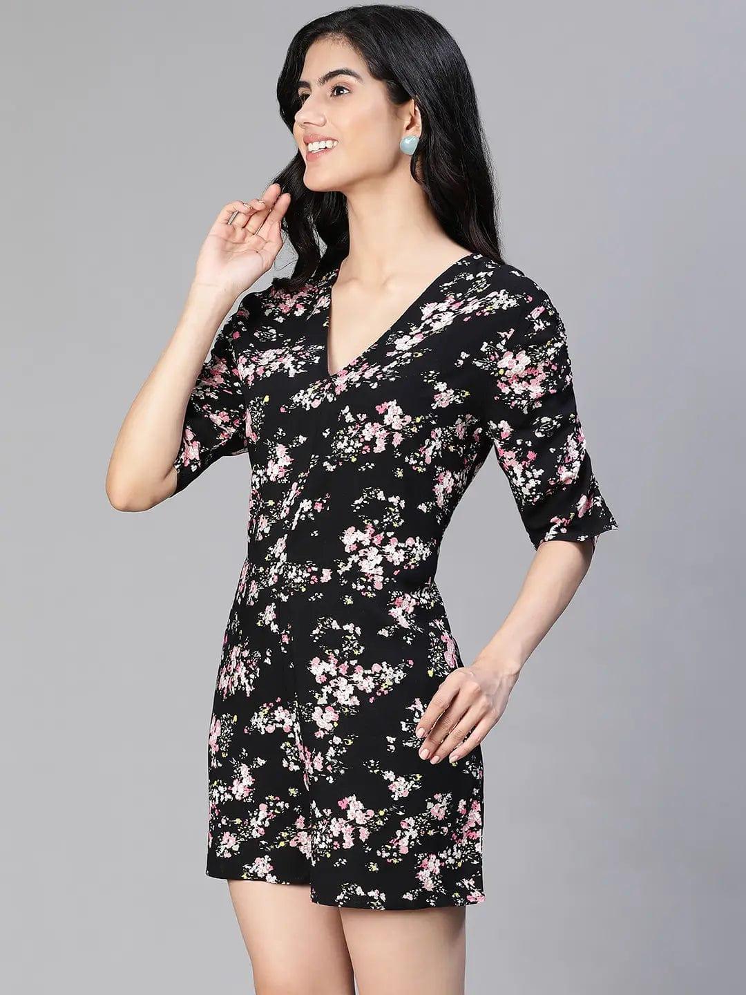 Slaying Black Floral Print V-Neck Women Playsuit - oxolloxo