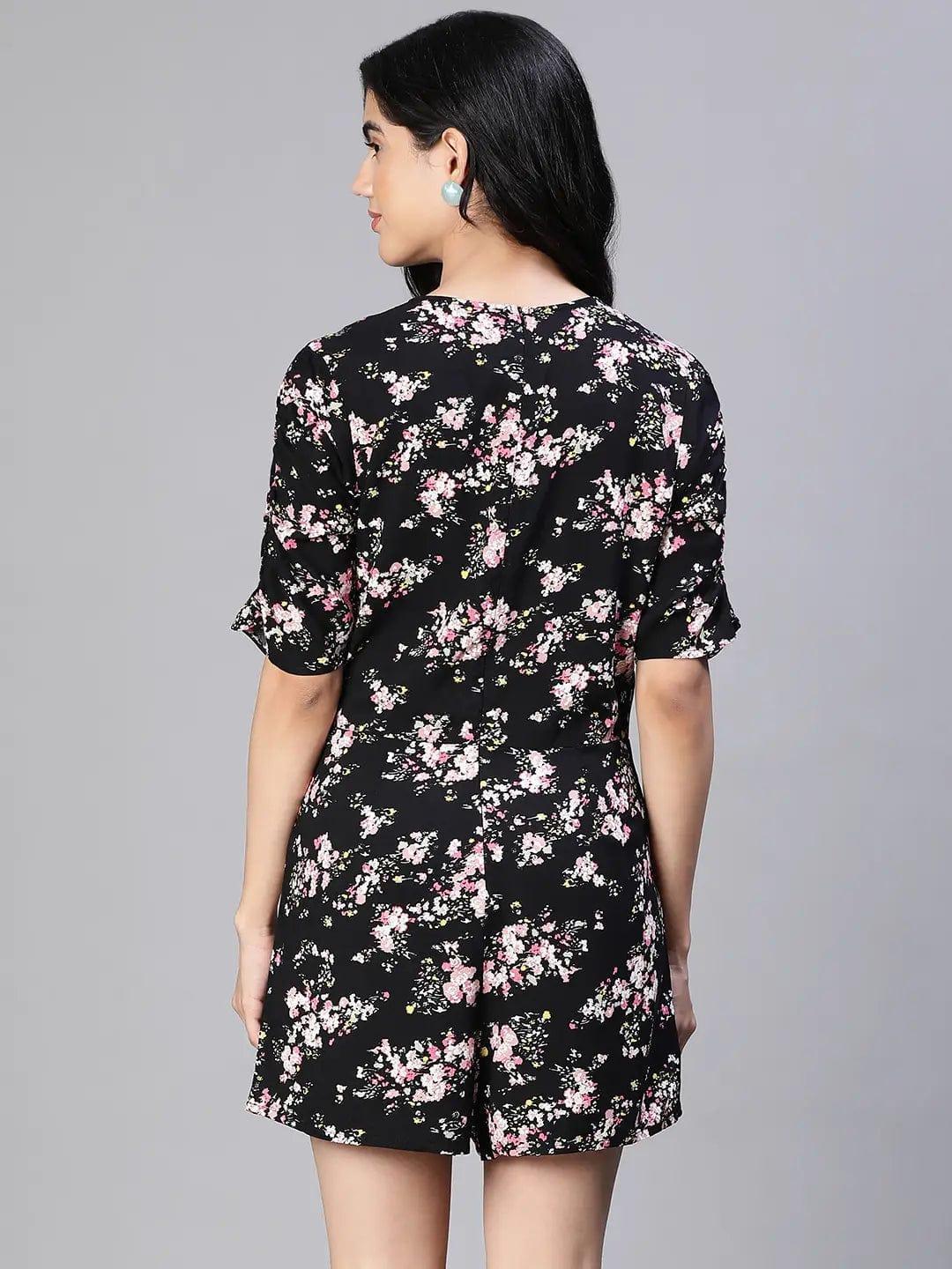 Slaying Black Floral Print V-Neck Women Playsuit - oxolloxo