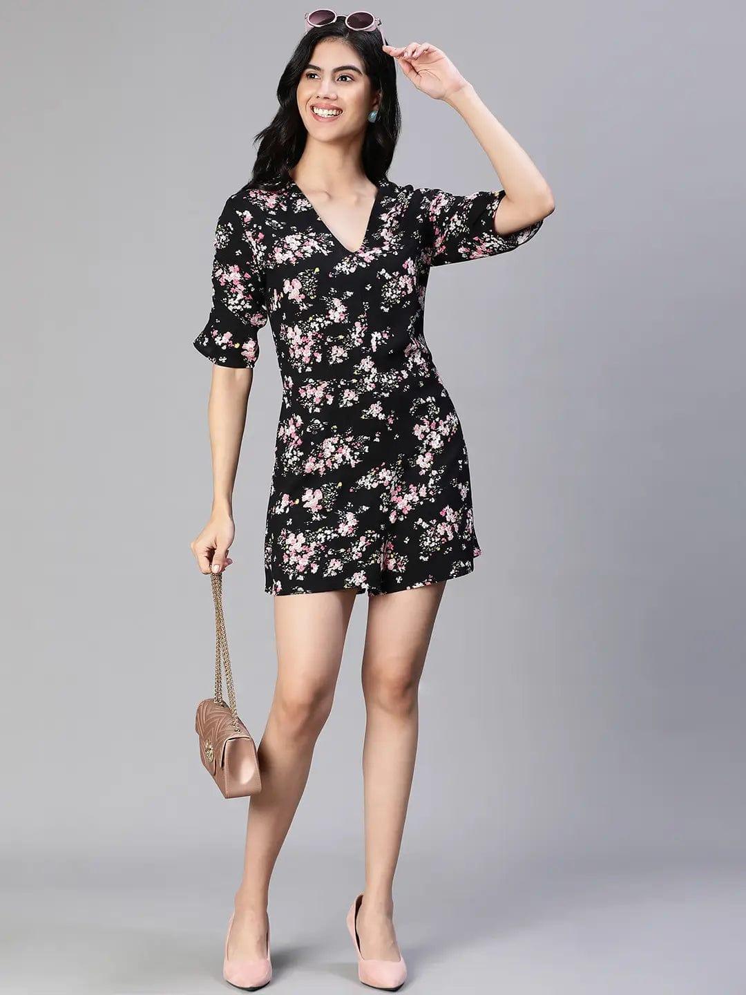 Slaying Black Floral Print V-Neck Women Playsuit - oxolloxo