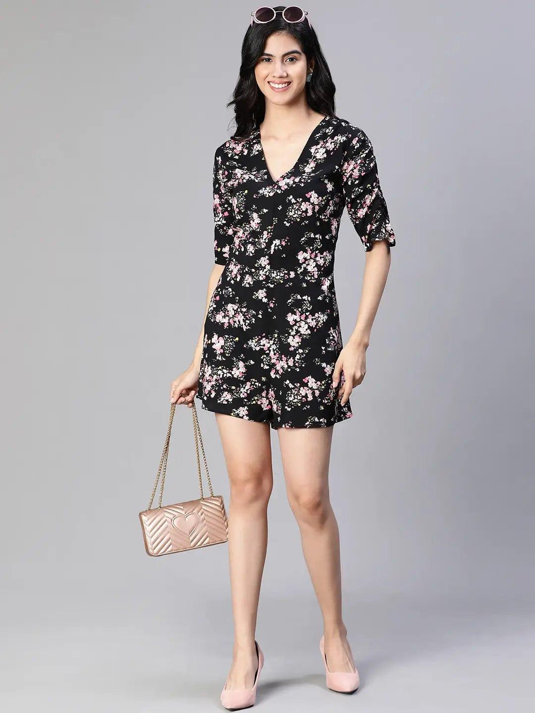 Slaying Black Floral Print V-Neck Women Playsuit - oxolloxo