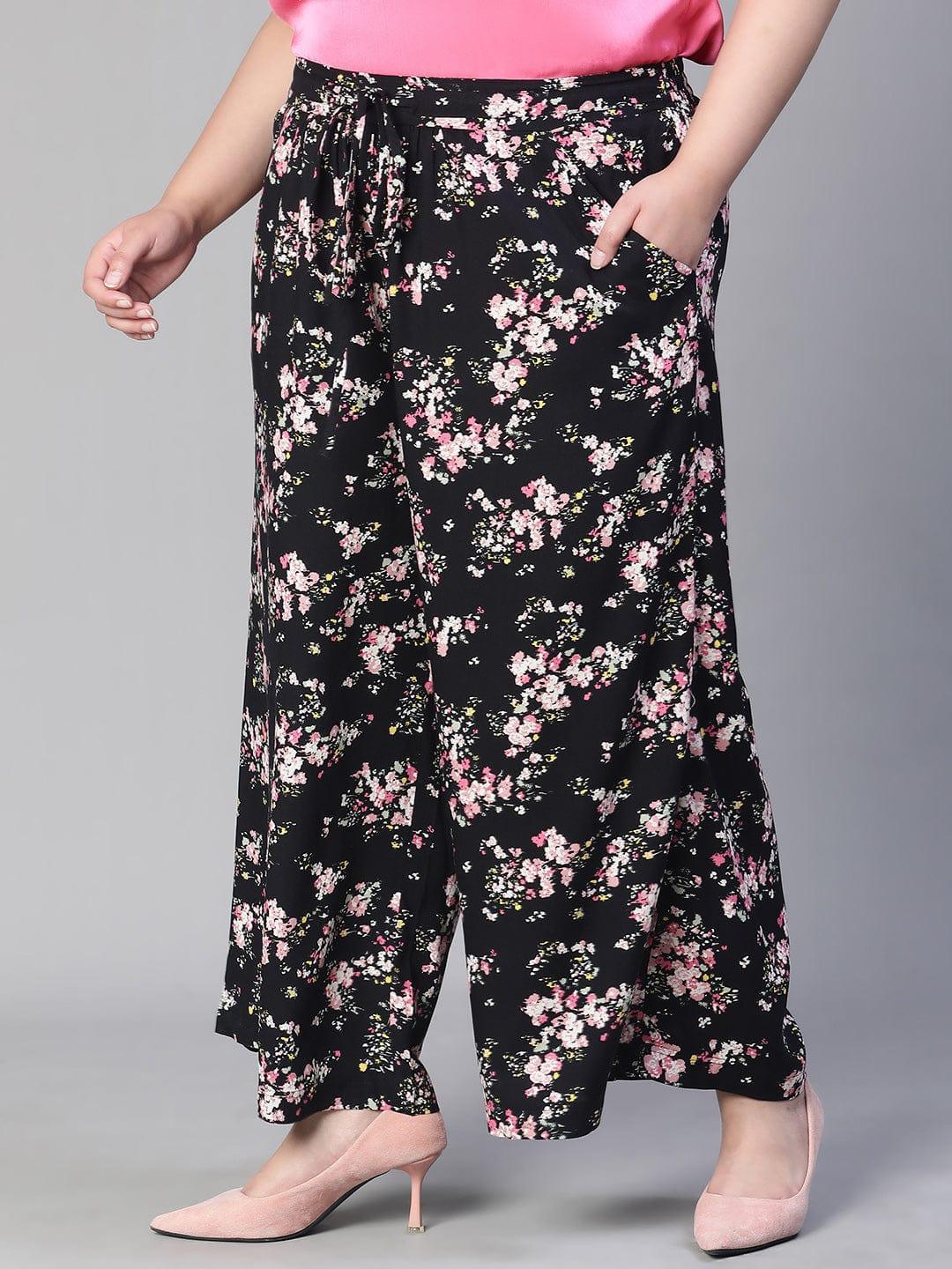 Plus size black floral print flared pants with tie-knot waist, photo 2