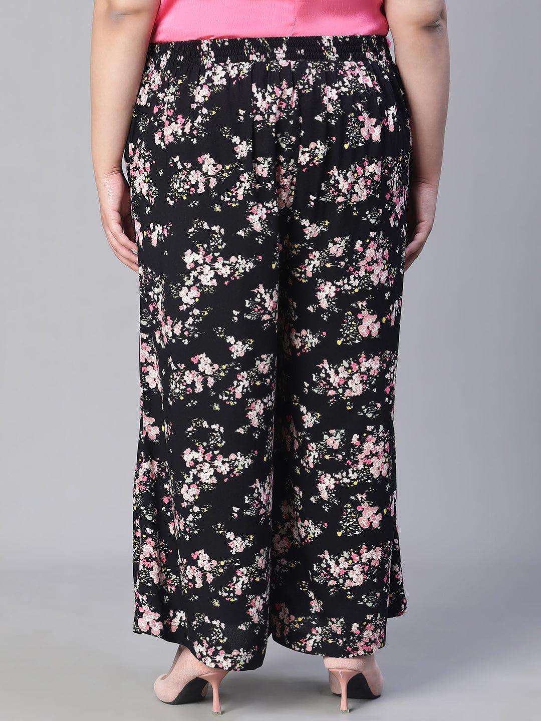 Plus size black floral print flared pants with tie-knot waist, photo 3
