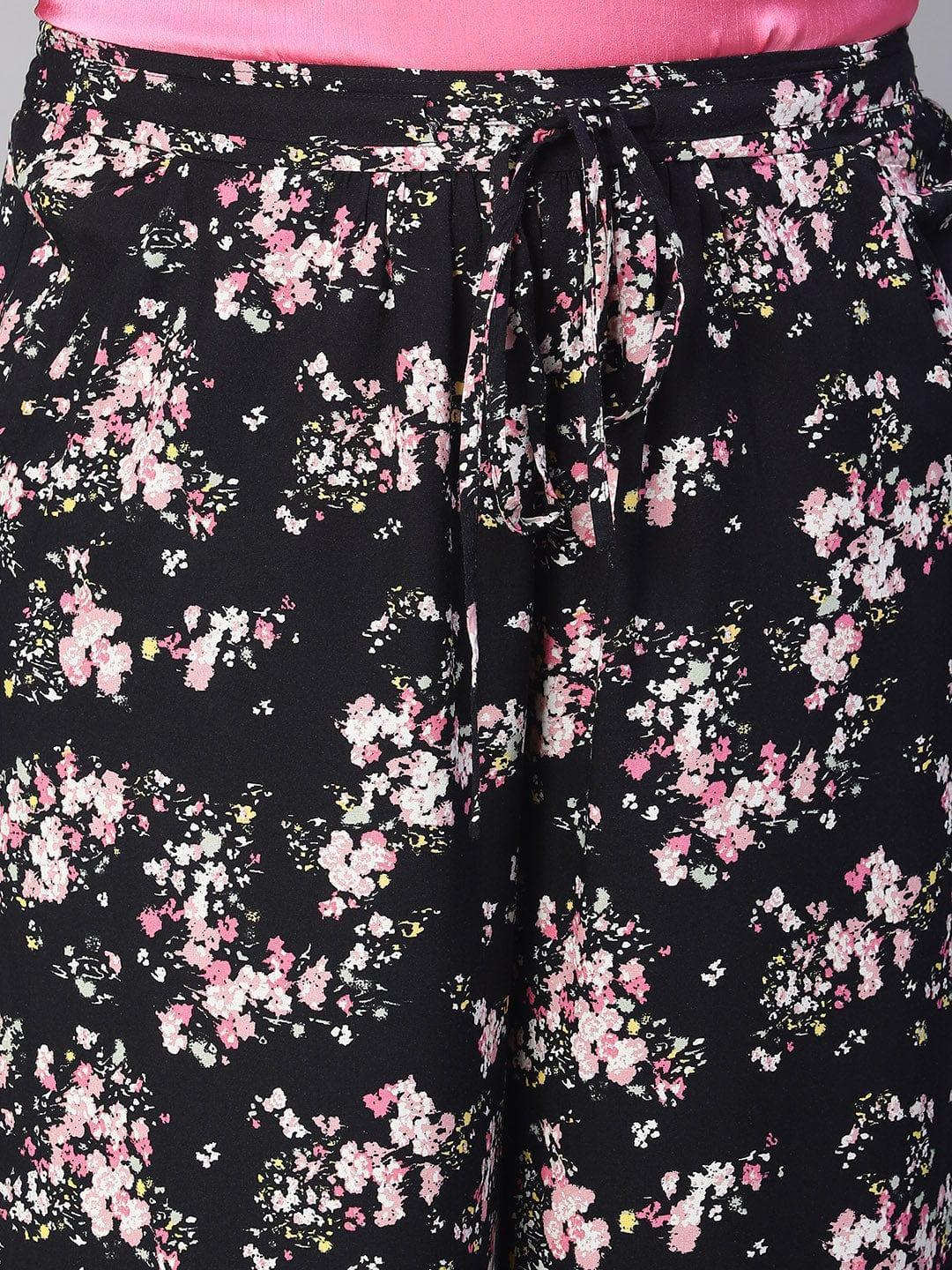 Plus size black floral print flared pants with tie-knot waist, photo 7