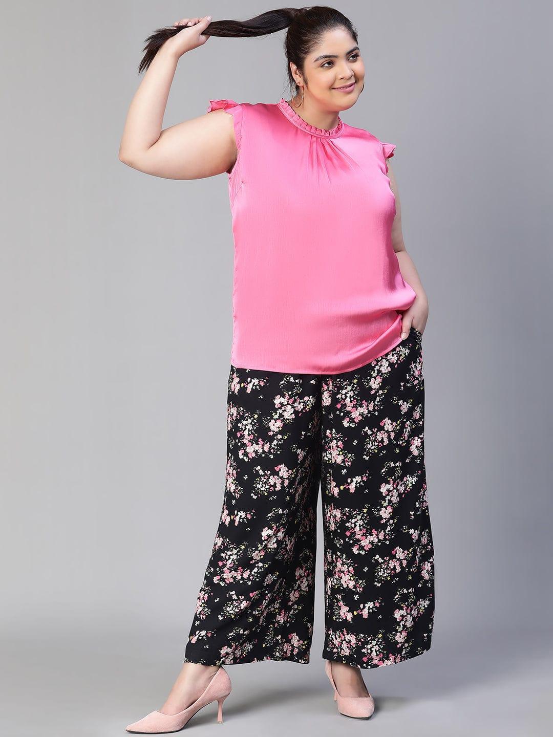 Plus size black floral print flared pants with tie-knot waist, photo 4