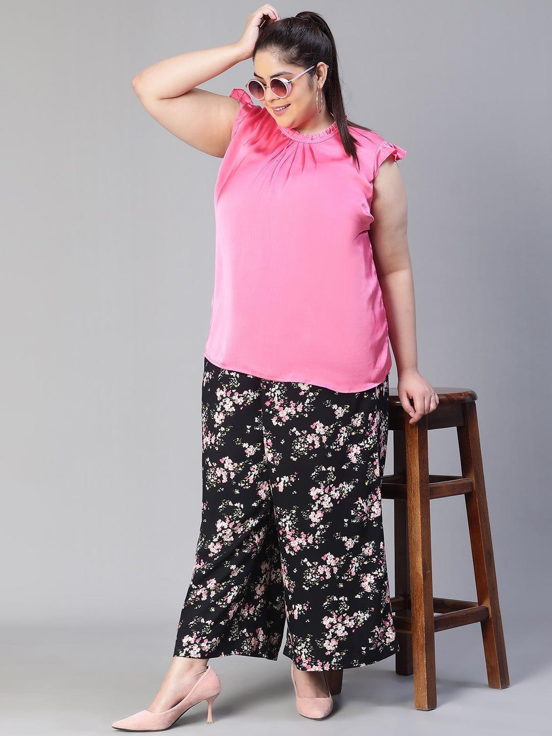 Plus size black floral print flared pants with tie-knot waist, photo 5