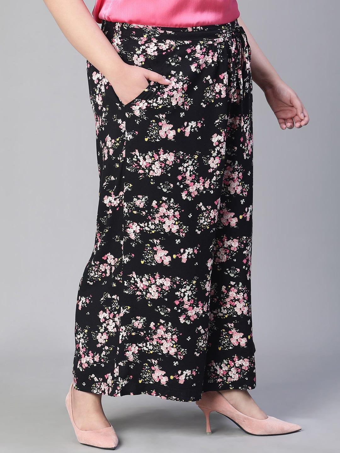 Plus size black floral print flared pants with tie-knot waist, photo 6