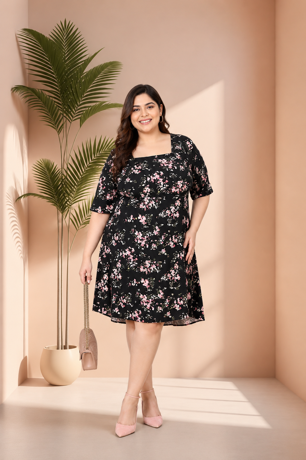 Plus Size Black Floral Printed Dress